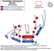Dernière phase de la bataille avec la pression romaine sur l'aile droite perse qui entraîne l'effondrement de l'armée perse