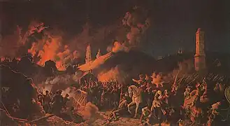 Le combat dans le village incendié, toile de Peter von Hess (1792-1871).