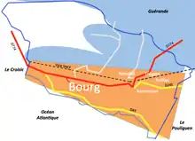 Schéma montrant l’implantation d’une ville bordée par la mer et des marais.