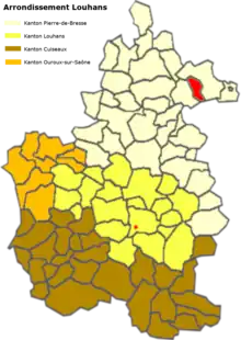 Carte en couleurs présentant la situation de la commune dans l'arrondissement de Louhans.