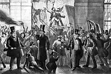 Des bourgeois armés tournent le dos aux révolutionnaires qui fêtent leur victoire.