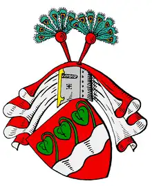 Dessin en couleurs représentant un écu rouge, barré au tiers inférieur d'une bande blanche ondulée, d'où surgissent trois feuilles vertes de végétation