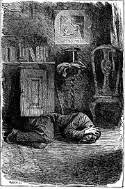 Gravure. Coin de chambre, par terre, homme en position fœtale, la tête dans les mains, mobilier sobre : commode avec livres et bougie, guéridon portant un haut de forme, chaise. Au mur une gravure sous-titrée Caïn et Abel