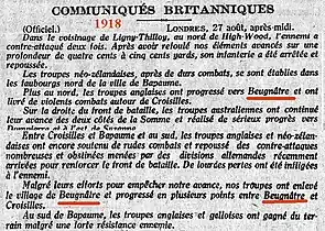 Article relatant la libération du village le 27 août 1918.