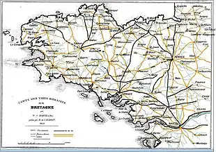 Voies romaines de Bretagne connues en 1842, établies d'après la "carte de la Bretagne armorique à l'époque romaine" réalisée par "M. A. Biseuil" (sic).