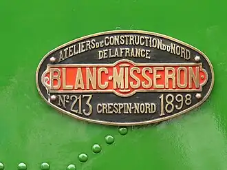 Plaque de la locomotive bicabine Blanc-Misseron no 60 ex-Tramways de la Sarthe.