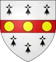Blason d'Ives de Pontsal : d'argent à la fasce de gueules chargée de trois besants d'or et accompagnée de six mouchetures d'hermines de sable.