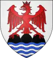 Blason des Alpes-Maritimes : D'argent à un mont de trois coupeaux de sable, soutenu d'une mer d'azur agitée du champ et mouvant de la pointe, le tout empiété d'une aigle couronnée au vol abaissé de gueules .