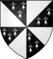 blasonnement: "parti d'azur, à la croix d'or, cantonnée de quatre étoiles à six rais d'or, et d'azur, à la ruche d'or, accompagnée d'abeilles sans nombre essorantes de même, au chef de sable, au lion issant d'or, armé et lampassé de gueules."