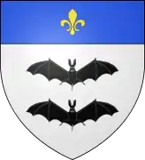 Blason d'Ourdis-Cotdoussan : « D'argent aux deux chauve-souris volantes de sable, l'une sur l'autre, au chef d'azur chargé d'une fleur de lys d'or ».
