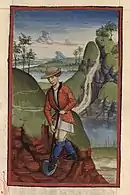 Dessin naïf d'un homme à l'avant plan d'un paysage vallonné où serpente une rivière ; l'homme, vêtu d'uun pourpoint rouge sur une chemise blanche, de chausses bleues et de chaussures noires pointues, creuse le sol rouge de la colline avec une bêche.