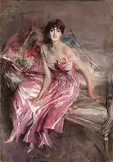 Photographie d'une peinture représentant une dame vêtue d'une robe rose