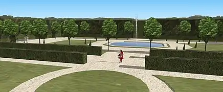 Restitution du Bosquet de Cléopâtre, vue depuis la hauteur en descendant, fin XVIIe.