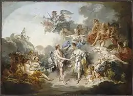 La scène illustre l’argument de l’Amour selon qui Psyché rehaussera l’Olympe en éclipsant les vieilles déesses (La Fontaine) ; Jupiter écoute dans une pose de penseur reprise à Raphaël (Histoire de Psyché, Rome, villa Farnésine). Le couple est uni par Junon, peu aimable, tandis que toutes les déesses se détournent ; pseudo camaïeu, coloris pâles, évoquant la soie