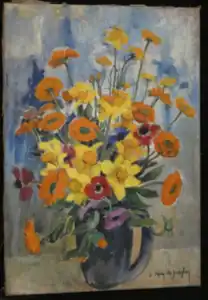 Bouquet de jonquilles et coquelicots, peinture sur toile non datée (collection particulière).
