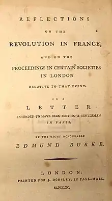 La page se lit "Reflections on the Revolution in France, and on the Proceedings in Certain Societies in London Relative to that Event. In a Letter Intended to have been sent to a Gentleman in Paris. By the Right Honourable Edmund Burke. London: Printed for J. Dodsley, in Pall-Mall. M.DCC.XC."