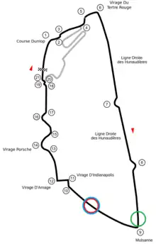 Tracé du circuit du Mans, avec trois cercles pointant les lieux des accidents de Webber et de Dumbreck