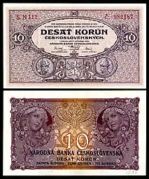 Billet de 10 couronnes tchécoslovaques de la première république (1927).