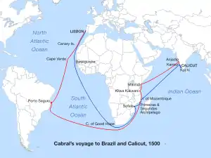 A map showing the southern Atlantic and western Indian Ocean with two routes traced which go around the southern tip of Africa
