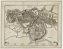 Plan en perspective cavalière de Caen au début du XVIIe siècle.