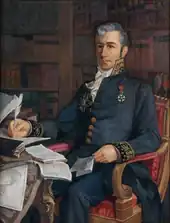 Portrait en couleurs d'un personnage assis.