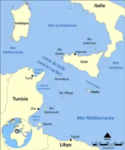 Carte du canal de Sicile : les îles Égates et le golfe de Tunis sont exclus du détroit.