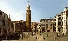 Campo Sant'Angelo, Canaletto: au centre, l'église, aujourd'hui démolie