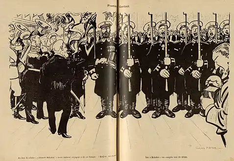 « Premier contact » : la réception du président Émile Loubet par les soldats de marine à Kronstadt.