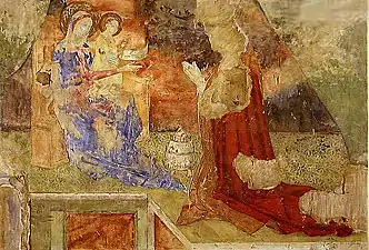 Le cardinal Étienne Aubert, à genoux devant la Vierge et l'Enfant, fresque de la chartreuse Notre-Dame-du-Val-de-Bénédiction à Villeneuve-lès-Avignon..