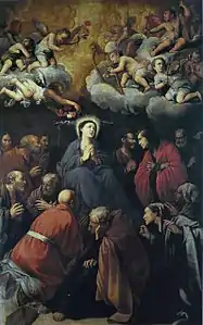 tableau représentant Sainte Marie en prière au milieu d'une foule de personnes, au-dessus d'elle des anges l'accueillent juchés sur des nuages.