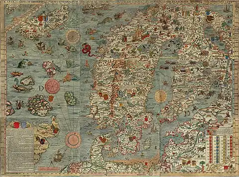 Représentation de la Carta Marina, carte de la Scandinavie du XVIe siècle.