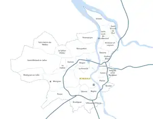 Plan des communes de Bordeaux Métropole. La plupart des communes se situent à l'ouest de la ville.