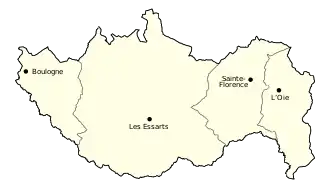 Carte présentant le territoire municipal d'Essarts-en-Bocage scindé par les frontières des anciennes communes