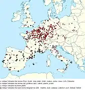 Carte des rues des Juifs (ou équivalents) dans divers pays européens.