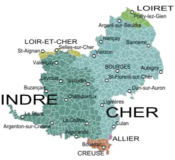 La province du Berry au XVIIIe siècle et les communes et départements actuels