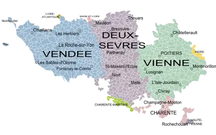 La province du Poitou au XVIIIe siècle et les communes actuelles. La partie orientale du Bas-Poitou a été intégrée aux Deux-Sèvres