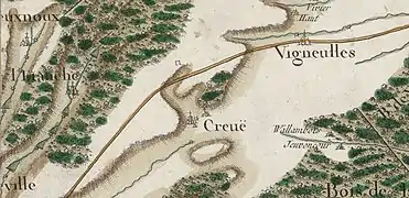 Carte de Cassini de 1759 réprésentant le Meussaumont au nord du village de Creuë