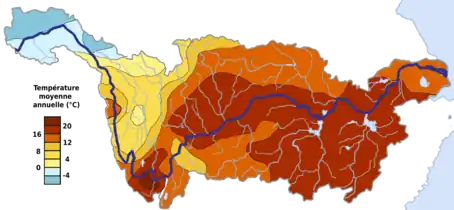 Températures annuelles moyennes sur le bassin versant du Yangtsé.