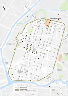 Cartes situant les différentes opérations archéologiques ayant eu lieu dans la ville de Rennes.