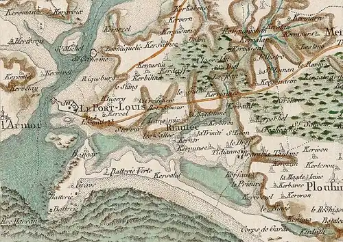 Carte de Cassini de la Petite mer de Gâvres et des paroisses avoisinantes (1789).
