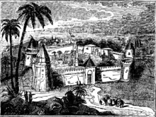 gravure en noir et blanc : un bâtiment en forme de trapèze avec des tours aux coins.