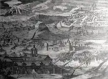 Dessin du XVIIe siècle, montrant le séminaire Saint-Joseph à Ayutthaya au premier plan, avec les canaux et la ville à l'arrière.