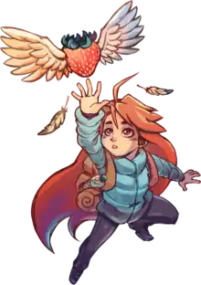 Une jeune fille rousse en tenue de montagne verte tente d'attraper une fraise avec des ailes.