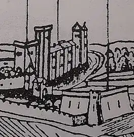 n°18 : Château de Nolibos (XIVe siècle), extrait du dessin réalisé par Joachim Duviert en 1612.