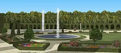 Restitution du parterre de la Gerbe et des Berceaux, vue de biais, jardins bas du château de Saint-Cloud, vers 1680.