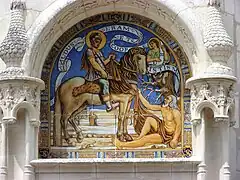 Photographie en couleurs d'une peinture représentant un cavalier et un piéton.