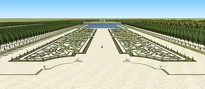 Restitution 3D de la grande perspective des jardins du château de Pontchartrain, début du XVIIIe&nbsp;siècle.