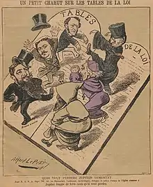 Dessin en couleurs représentant les trois parlementaires et les trois religieux en train de danser frénétiquement sur les tables de la Loi.