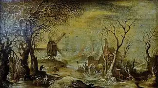Roelandt Savery (attribution), Paysage de neige au moulin à vent, c. 1600.