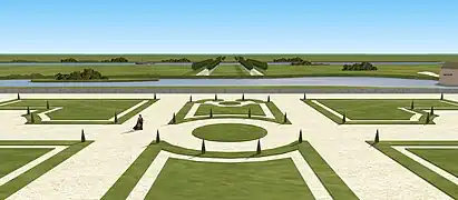 Restitution de la vue depuis le premier étage du château de Villennes, axe latéral, début du XVIIIe siècle